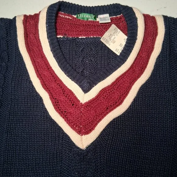 Vintage 90s Stefano Man Sweater L Blue Maroon Cable Knit V Neck Academia Preppy - Picture 14 of 14